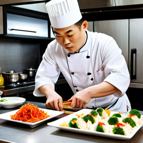 A traditional Chinese chef meticulously preparing a complex dish in a modern, well-lit kitchen. Focus on the chef's focused expression and the vibrant colors of the fresh ingredients. Include elements of both ancient cooking techniques and modern culinary tools.