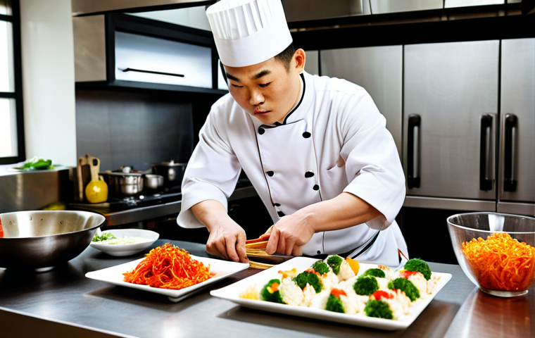 A traditional Chinese chef meticulously preparing a complex dish in a modern, well-lit kitchen. Focus on the chef's focused expression and the vibrant colors of the fresh ingredients. Include elements of both ancient cooking techniques and modern culinary tools.