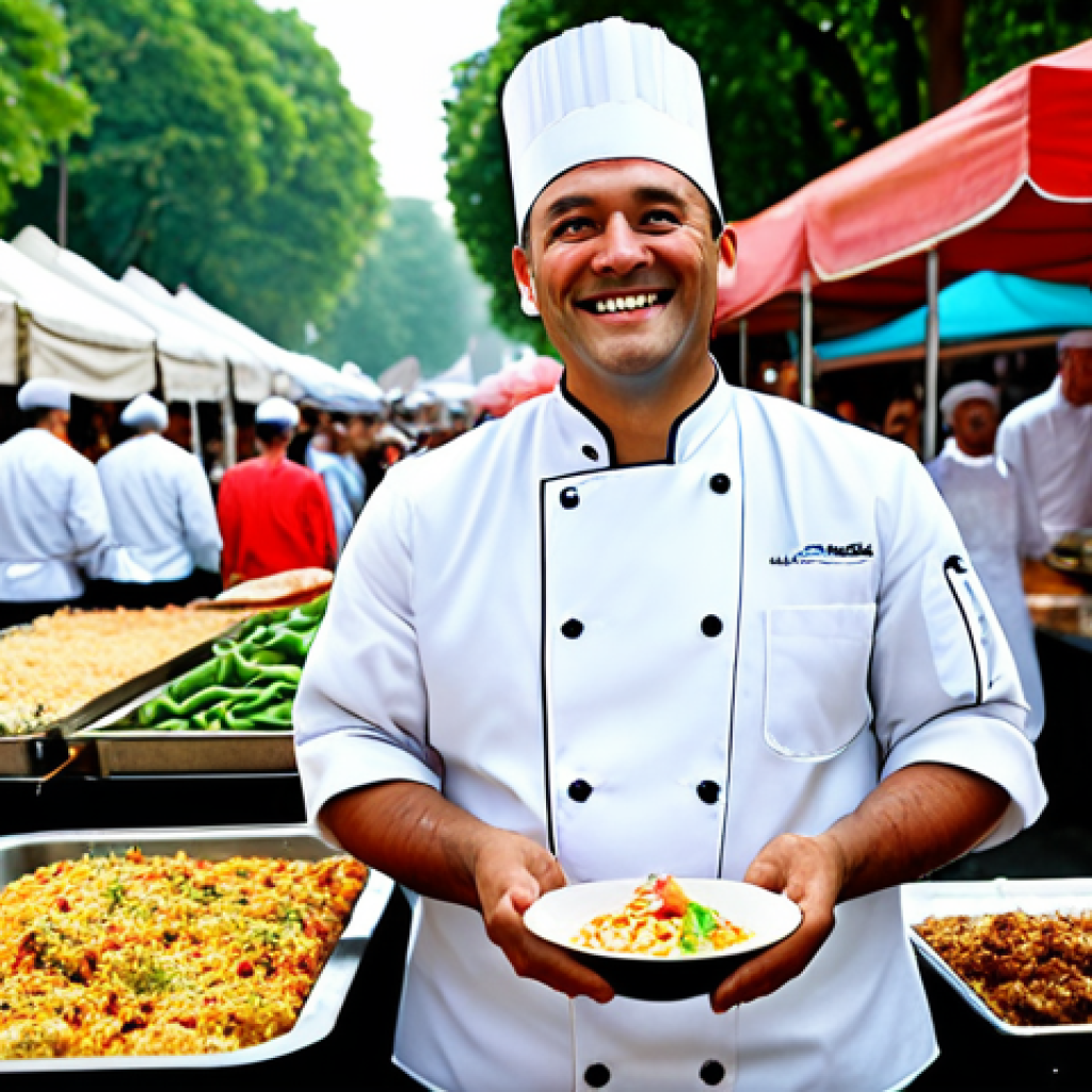 **
"A professional traditional cuisine chef, fully clothed in a clean chef's uniform, smiling confidently while participating in a food festival. Background shows various food stalls and bustling crowds. Safe for work, appropriate content, perfect anatomy, well-formed hands, professional photography, family-friendly."
**