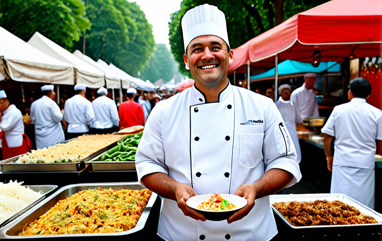 **

"A professional traditional cuisine chef, fully clothed in a clean chef's uniform, smiling confidently while participating in a food festival. Background shows various food stalls and bustling crowds. Safe for work, appropriate content, perfect anatomy, well-formed hands, professional photography, family-friendly."

**
