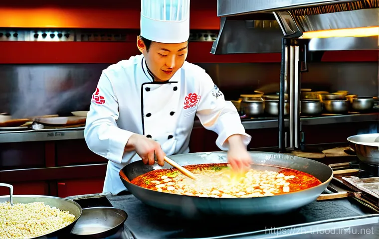 전통음식조리사 연봉 테이블 분석 - **A highly skilled traditional Chinese chef** in their prime, passionately stir-frying a vibrant Sic...