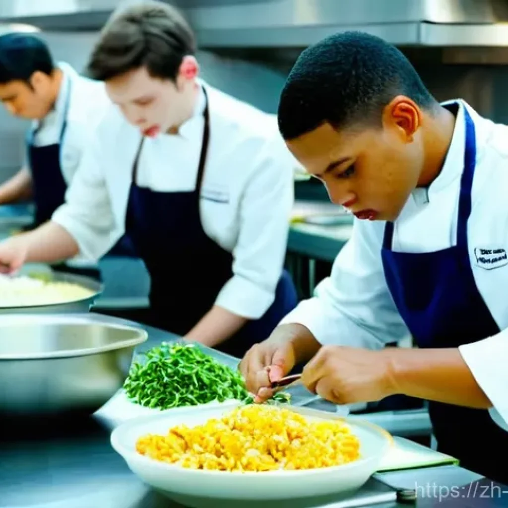 전통음식조리사 실기시험에서 흔히 하는 실수 - **Prompt:** A vibrant, bustling culinary school kitchen during a cooking exam. A young male student ...
