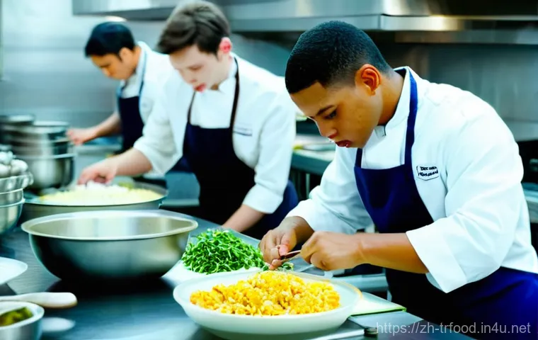 전통음식조리사 실기시험에서 흔히 하는 실수 - **Prompt:** A vibrant, bustling culinary school kitchen during a cooking exam. A young male student ...