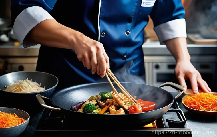 전통음식조리사 실기시험에서 흔히 하는 실수 - **Prompt:** A vibrant, bustling culinary school kitchen during a cooking exam. A young male student ...