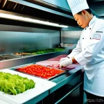 전통음식조리사 업무 관련 법률과 규정 - **Prompt:** A vibrant, high-angle, realistic photograph of a chef in a pristine, brightly lit commer...