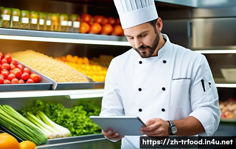 전통음식조리사 업무에서 필수 컴퓨터 스킬 - **Prompt:** A mid-career male chef, dressed in a crisp white chef's jacket and traditional toque, st...